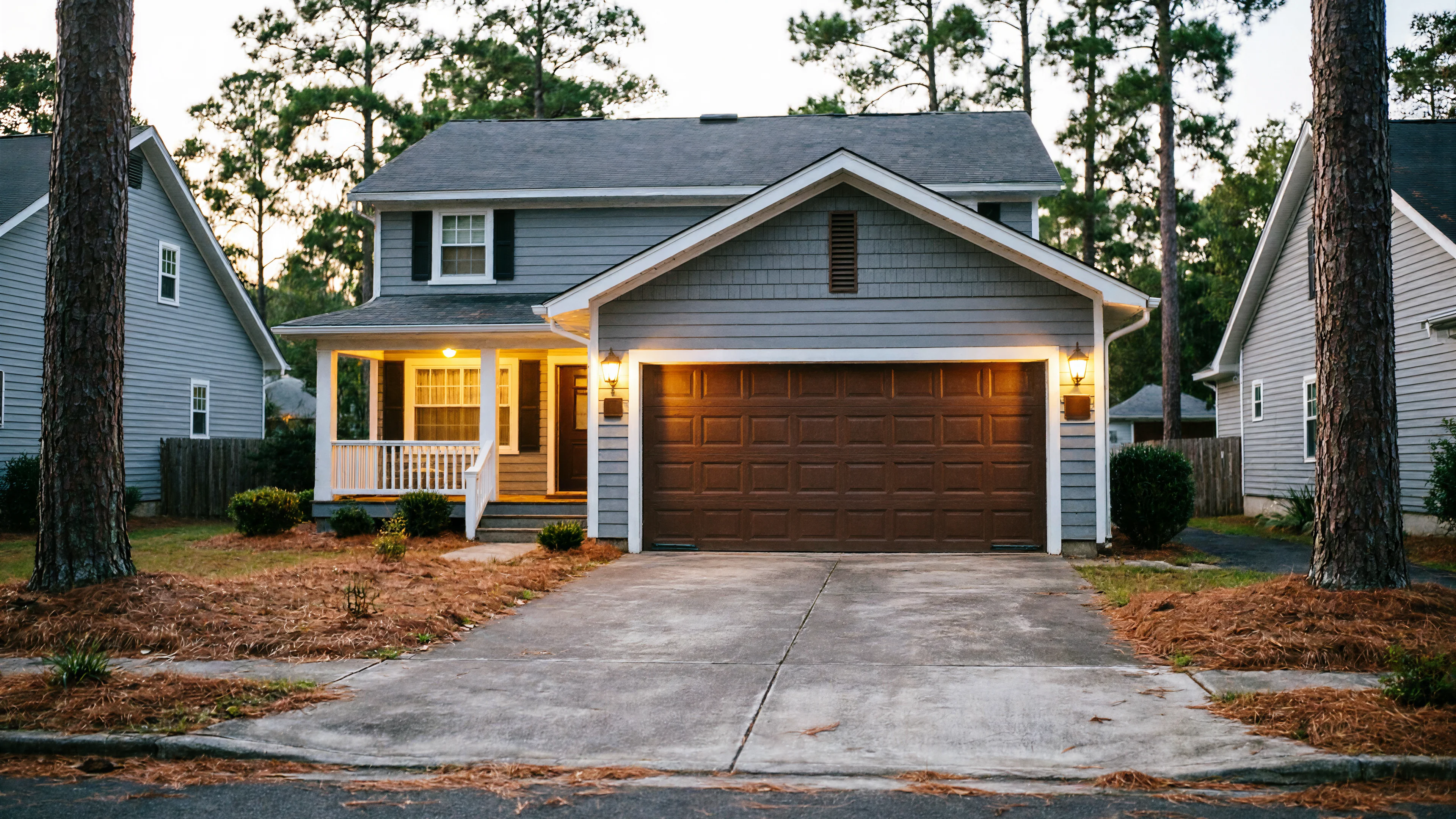 A gray house with a brown garage door and a lit porch at dusk.